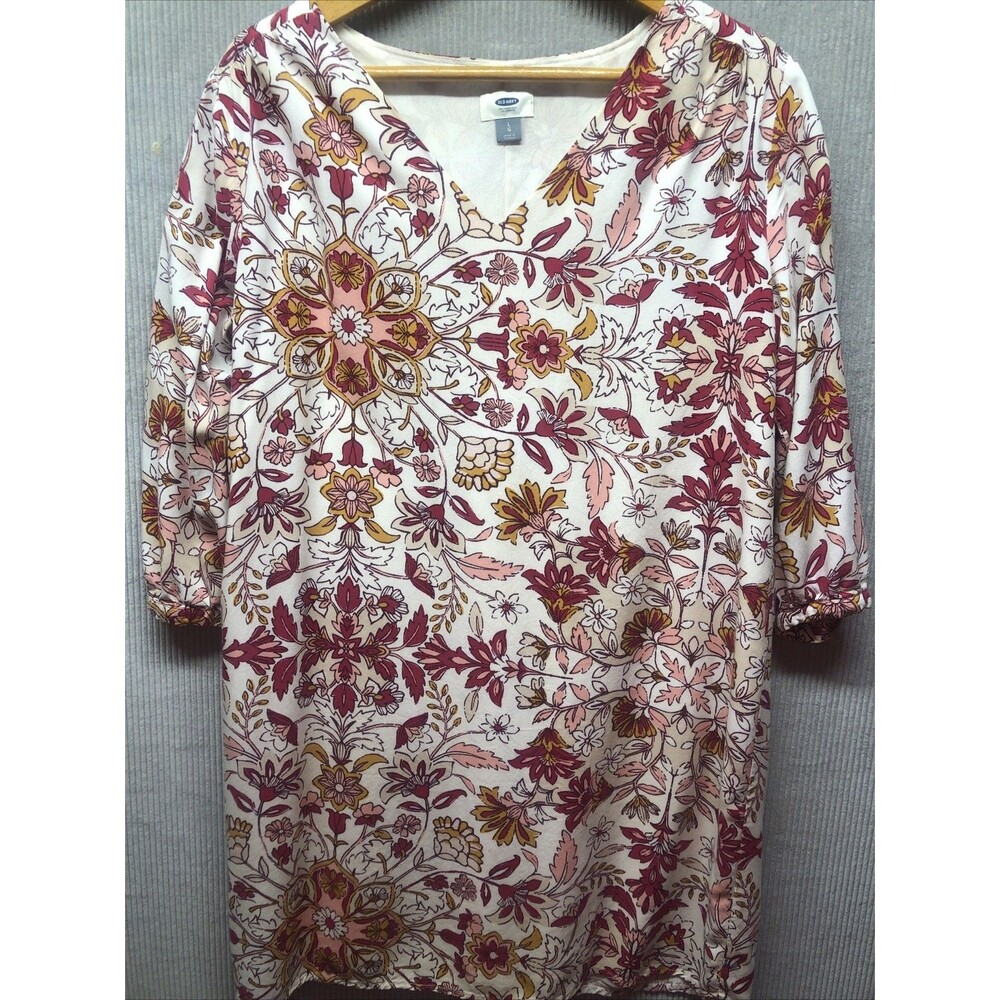 Old Navy Shift Dress Size Large V Neck Long Sleeve White Print